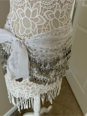 White Lace belly dancing scarf with Silver Coin